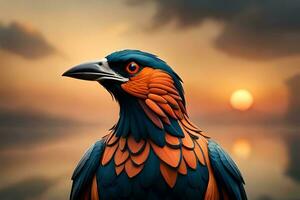 en färgrik fågel med orange och blå fjädrar. ai-genererad foto