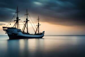 en segling fartyg i de hav på solnedgång. ai-genererad foto