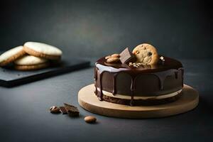 choklad kaka med småkakor och choklad pommes frites. ai-genererad foto