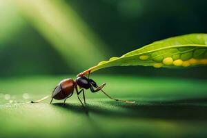 en insekt är Sammanträde på en blad med dess tillbaka vänd de kamera. ai-genererad foto