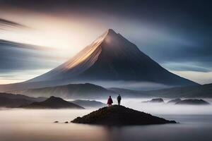två människor stående på topp av en berg med dimma. ai-genererad foto