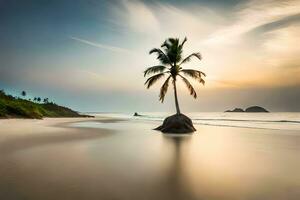 en ensam handflatan träd står på de strand på solnedgång. ai-genererad foto