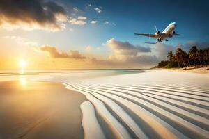 ett flygplan är flygande över en strand på solnedgång. ai-genererad foto