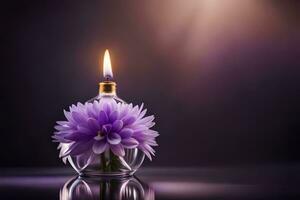 en ljus med en lila blomma i en glas vas. ai-genererad foto