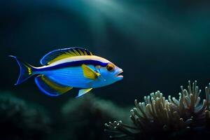 en blå och gul fisk simning i de hav. ai-genererad foto
