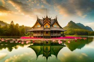 en hus med en pagod på topp av en sjö. ai-genererad foto