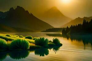 de Sol är miljö över en sjö och berg. ai-genererad foto