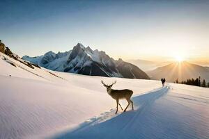 en rådjur är gående tvärs över en snöig berg. ai-genererad foto