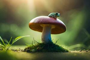 en groda sitter på topp av en svamp i de solljus. ai-genererad foto