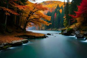 höst landskap med en flod och träd. ai-genererad foto