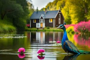 påfågel i de vatten med blommor och hus i bakgrund. ai-genererad foto
