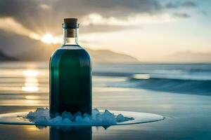 en flaska av grön flytande Sammanträde på de strand. ai-genererad foto