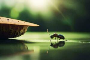 en små myra är stående Nästa till en svamp. ai-genererad foto