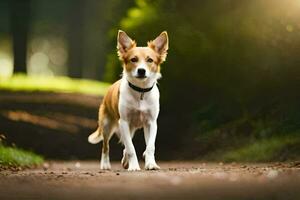 en hund gående på en väg i de skogen. ai-genererad foto