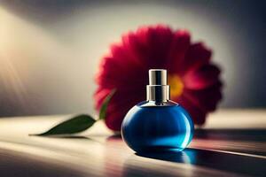 blå parfym flaska på en tabell med en blomma. ai-genererad foto