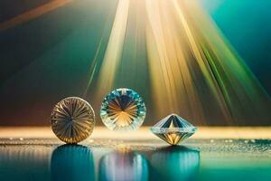 tre diamant former på en tabell med solljus lysande genom. ai-genererad foto