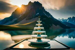 en fontän i främre av en berg på solnedgång. ai-genererad foto