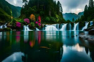 vattenfall i de bergen med färgrik blommor. ai-genererad foto