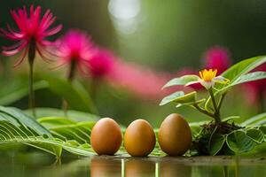 tre ägg är Sammanträde på en blad i främre av en blomma. ai-genererad foto