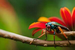 en grön insekt med röd blommor på en gren. ai-genererad foto