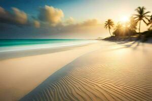 de Sol är lysande på en strand med handflatan träd och sand. ai-genererad foto