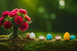 färgrik ägg och blommor i en vas. ai-genererad foto