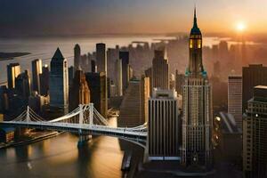 de Sol stiger över de stad horisont i ny york. ai-genererad foto