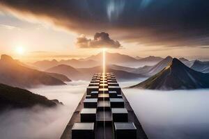 en lång bro över en berg med moln och en Sol lysande. ai-genererad foto