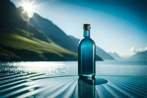 en flaska av blå flytande sitter på de vatten. ai-genererad foto