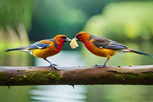 två fåglar är stående på en gren med mat. ai-genererad foto
