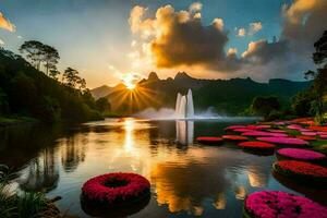 solnedgång över en sjö med blommor i de förgrund. ai-genererad foto