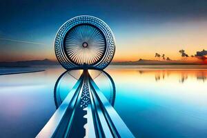 en hjul är Sammanträde på de vatten på solnedgång. ai-genererad foto