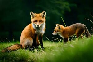 två rävar i de gräs, ett är ser på de Övrig. ai-genererad foto