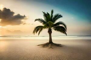 en handflatan träd på de strand på solnedgång. ai-genererad foto