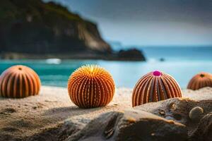 tre hav anemoner på de strand. ai-genererad foto