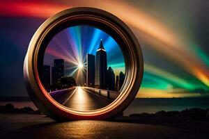 en cirkulär spegel med en regnbåge ljus lysande genom Det. ai-genererad foto