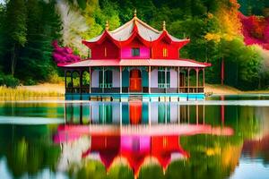 en färgrik pagod sitter på de vatten i främre av en skog. ai-genererad foto