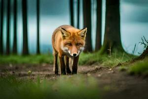 en röd räv gående genom en skog. ai-genererad foto