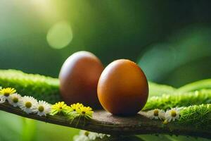 två brun ägg på en gren med prästkragar. ai-genererad foto