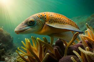en fisk simning över ett under vattnet korall rev. ai-genererad foto