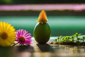 en blomma och en grön ägg Sammanträde på en tabell. ai-genererad foto