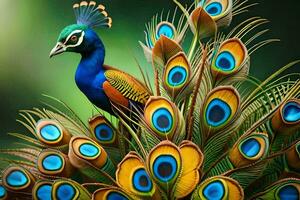 en påfågel är stående på dess fjädrar med dess fjädrar spridning. ai-genererad foto