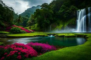 skön vattenfall i de djungel med rosa blommor. ai-genererad foto