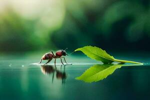 en små myra är stående på de vatten med en blad. ai-genererad foto
