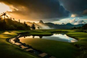 de Sol uppsättningar över de golf kurs på bora bora. ai-genererad foto