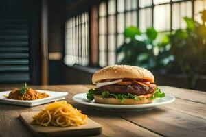 en hamburgare och några spaghetti på en tabell. ai-genererad foto