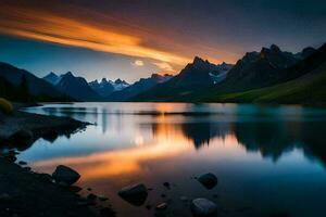 en sjö och bergen på solnedgång. ai-genererad foto