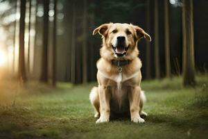 en hund Sammanträde i de trän med dess mun öppna. ai-genererad foto