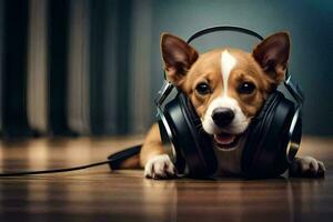 en hund bär hörlurar på de golv. ai-genererad foto
