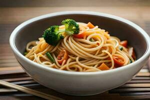 en skål av spaghetti med broccoli och morötter. ai-genererad foto